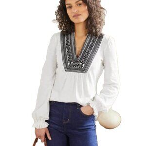 Boden Casual Boho Embroidered Top Blouse Shirt Women Size 10 White Cotton